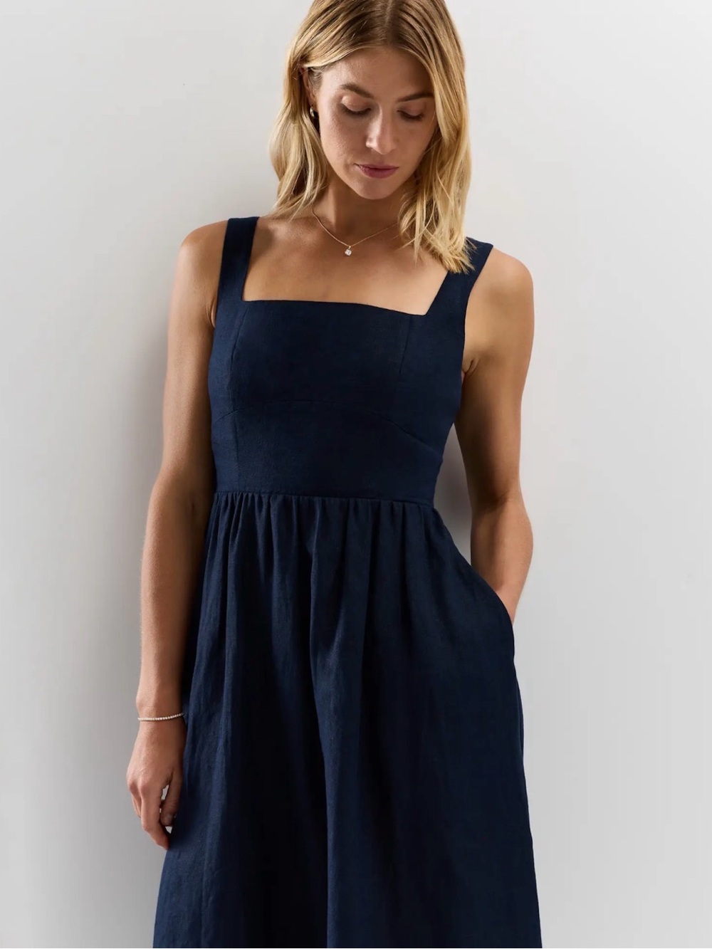 Quince Navy Square-Neck Midi Dress